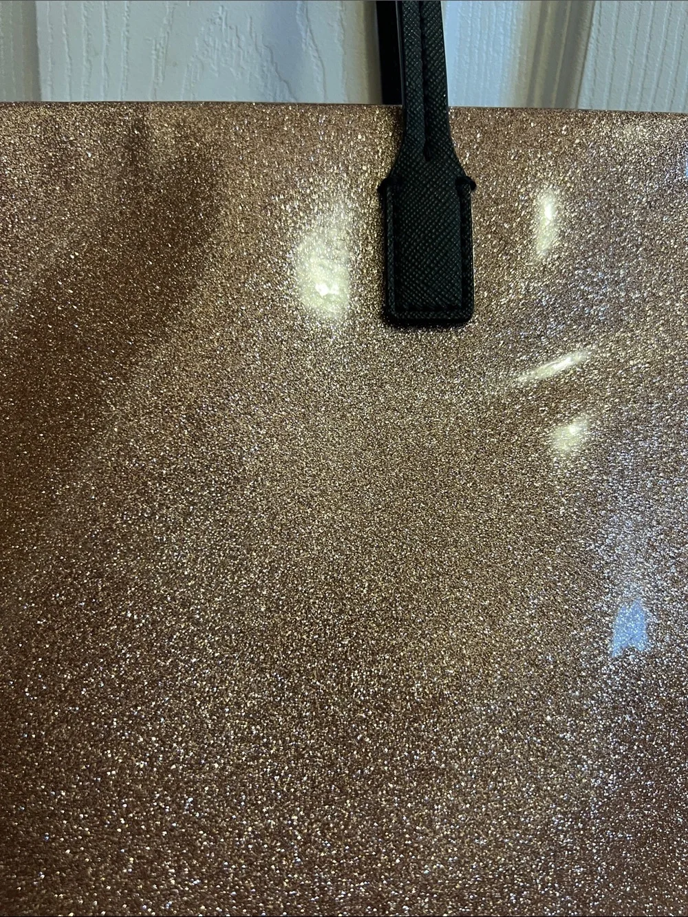 Kate Spade Rose Gold Glitter Tote with Black Bow and Black Handles